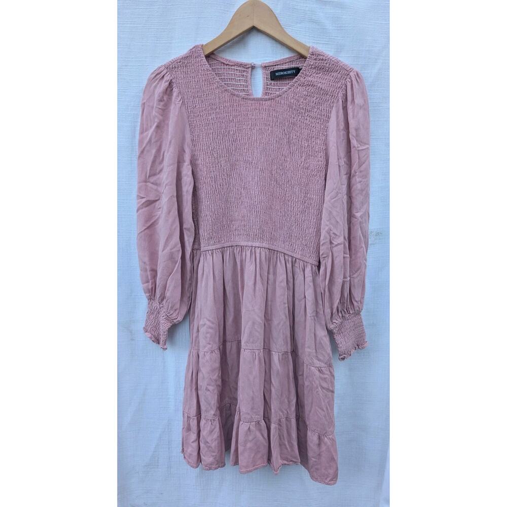 Merokeety Women's Pink Smocked Dress Sz M Balloon Sleeve Tiered Pink feminine